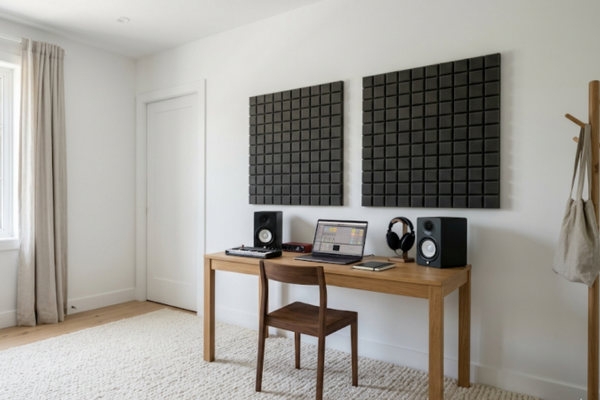 Quarto vazio com paredes brancas recebendo tratamento acústico básico com tapete grosso e painéis de espuma estratégica.