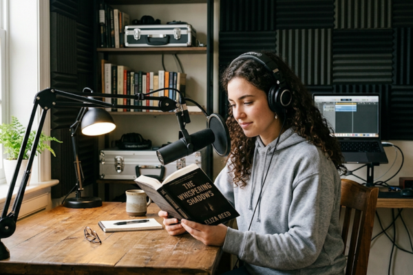 Mulher gravando narração de audiobook em estúdio caseiro com microfone profissional e tratamento acústico de espuma nas paredes.