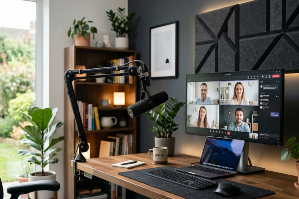 Setup de home office organizado para vídeo chamadas, apresentando microfone profissional em braço articulado e painéis acústicos geométricos instalados na parede frontal.