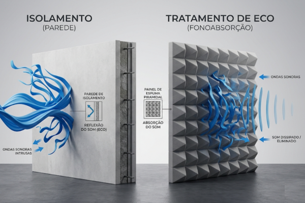 Infográfico comparando isolamento acústico de paredes vs tratamento de eco com espumas.