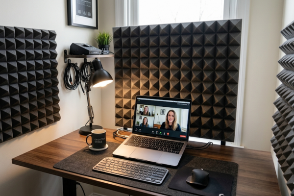 Mesa de trabalho com notebook em vídeo chamada, destacando placas de espuma acústica piramidal instaladas nas paredes laterais e frontais para controle de eco.