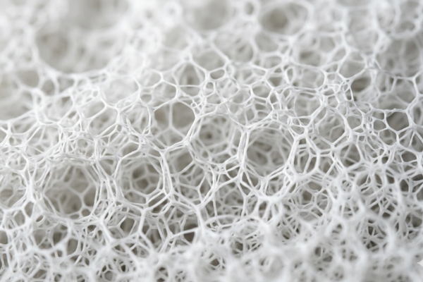 Estrutura microscópica de célula aberta da espuma de melamina Basotect para absorção acústica profissional.