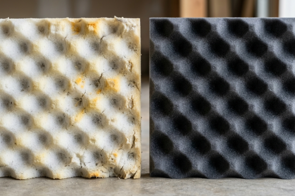 Comparação entre espuma acústica branca amarelada pelo tempo e espuma cinza preservada.
