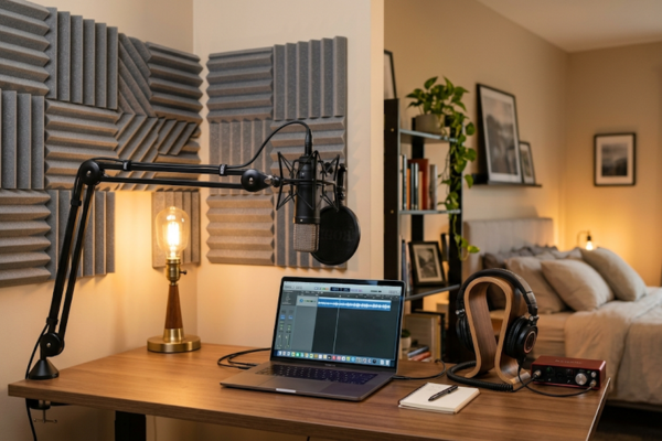 Home office com tratamento acústico no canto do quarto para evitar som abafado em gravações.