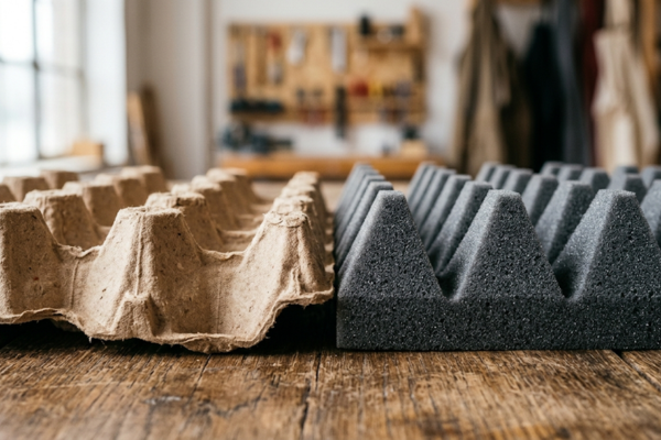 Comparação entre caixa de ovo de papelão e placa de espuma acústica profissional mostrando a diferença de textura e material para tratamento sonoro.