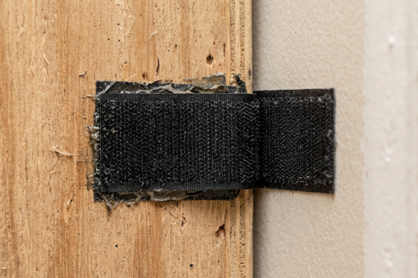 Detalhe da fita de velcro industrial usada para fixar painéis acústicos sem furar a parede.