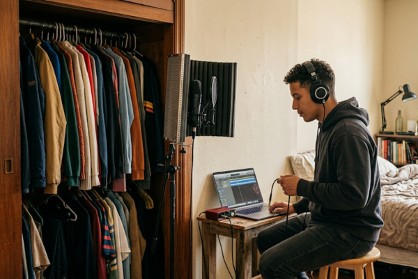 Cantor gravando voz no canto do quarto usando guarda-roupa com roupas como absorvedor acústico natural em apartamento