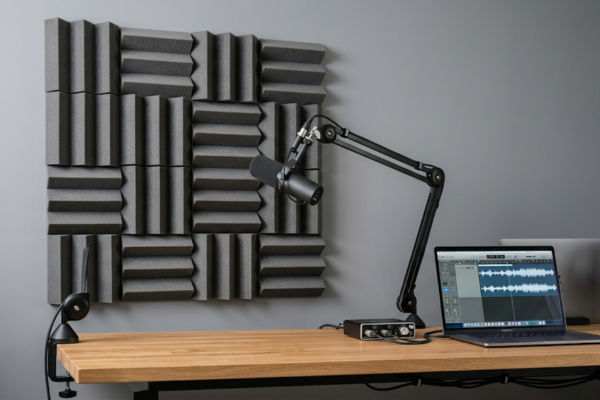Guia prático sobre como eliminar som estourado nas gravacoes através do posicionamento correto de painéis de espuma acústica no home studio.