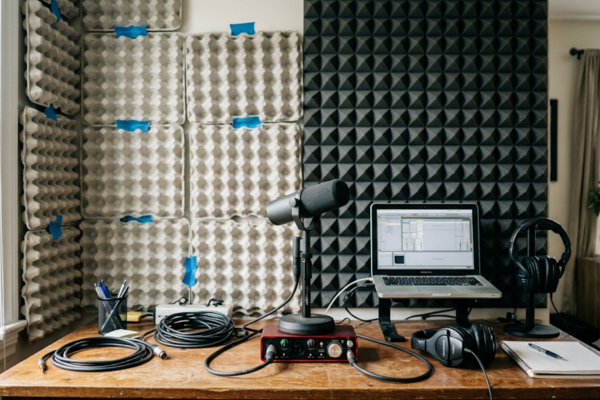 Mesa de home studio com microfone e interface, mostrando parede de fundo dividida entre caixas de ovo com fita azul e painel de espuma acústica piramidal preta.