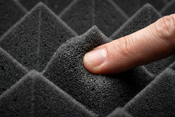 Dedo pressionando um painel de espuma acústica para testar a densidade e a elasticidade do material.