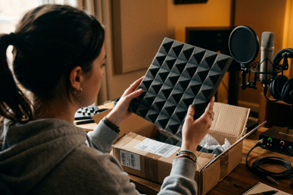 Produtor abrindo caixa de entrega e inspecionando uma espuma acústica barata do Mercado Livre no home studio.