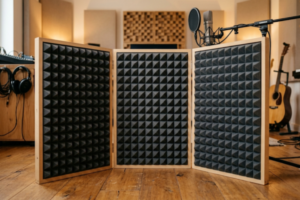 Biombo acústico caseiro articulado de três abas com espuma piramidal cinza montado em um home studio.
