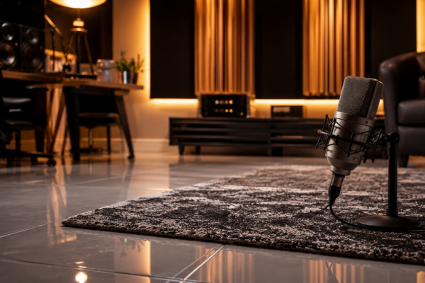 Home studio com microfone de gravação e piso polido mostrando como tratar o eco em piso frio com soluções práticas.