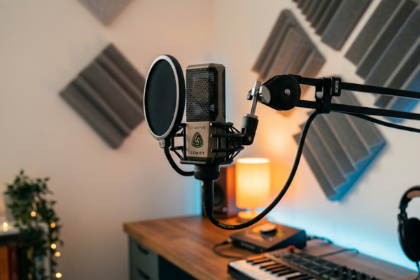 Microfone de estúdio em primeiro plano com placas de espuma de um kit acústico para quarto de gravação ao fundo.