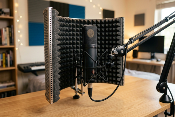 Painel de reflexão acústica portátil instalado atrás de um microfone de estúdio, parte do kit acústico para quarto de gravação.