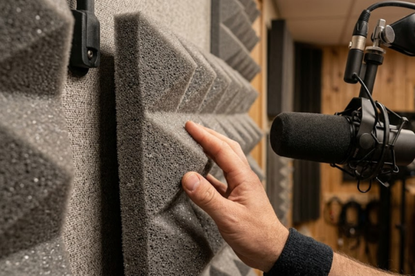 Detalhe da textura de painel absorvedor de espuma acústica sendo posicionado no ponto de reflexão primária.