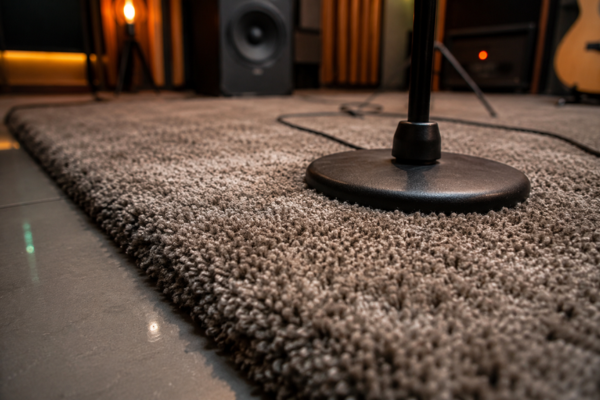 Base de pedestal de microfone posicionada sobre tapete de pelo alto para absorção sonora em piso frio