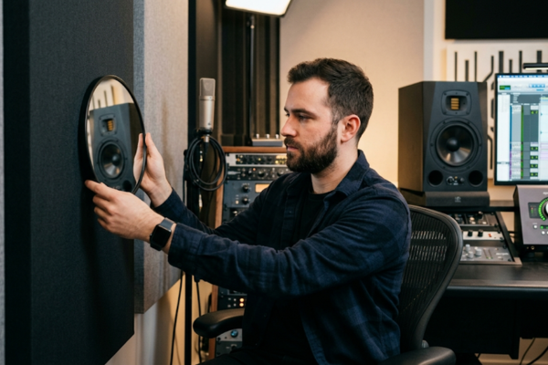 Pessoa utilizando a técnica do espelho na parede lateral para identificar o ponto de reflexão primária em um home studio.
