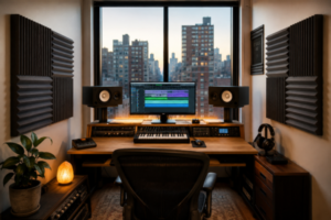 Home studio compacto com mesa de som posicionada em frente a uma janela de vidro e painéis de espuma para tratamento acústico no quarto com janela fixados nas paredes laterais.