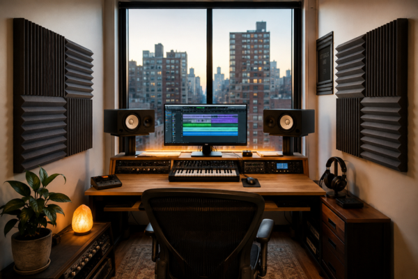 Home studio compacto com mesa de som posicionada em frente a uma janela de vidro e painéis de espuma para tratamento acústico no quarto com janela fixados nas paredes laterais.