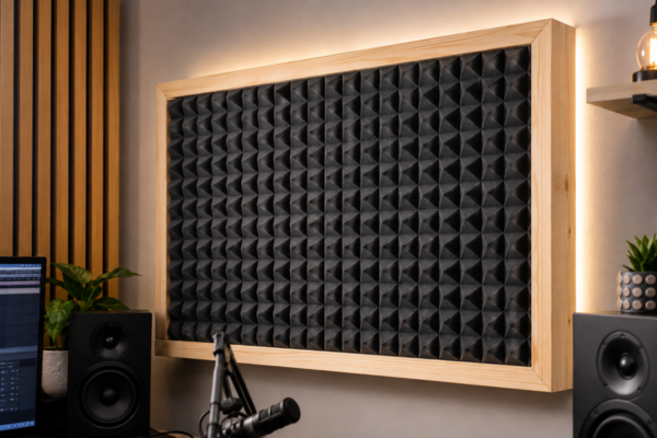 Painel com moldura de madeira para espuma acústica instalado em parede de home studio sem furos.